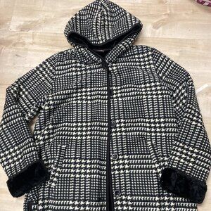 Ike Behar Hooded Houndstooth Coat Black White Women's Fur lining Size L
